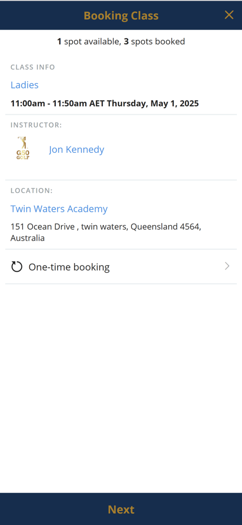 G50 Golf - G50 Golf app screen displaying booking details for a group coaching session including instructor and location