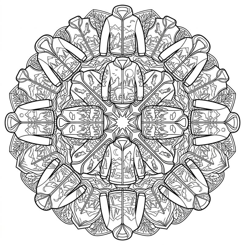 Discover the beauty of the wild with this unique mandala, where stylish outerwear becomes a canvas for nature's wonders. Each symmetrical segment invites you to color intricate scenes of wolves, bears, and majestic eagles in their natural habitats.