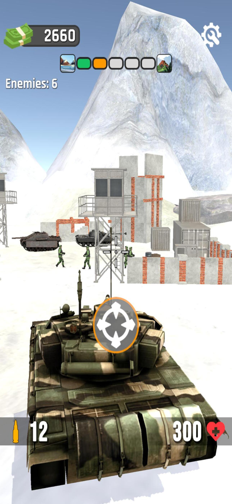 A camouflage tank aiming at enemies and a watchtower in a snowy mountain environment.
