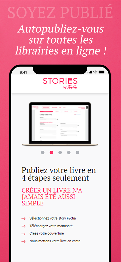 Fyctia - A screenshot of the Fyctia app explaining the four steps to self-publish a book through the Stories platform.