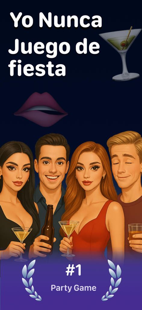 I Have Never Dirty Game - Quattro giovani adulti che tengono bicchieri per l'app del gioco di festa Yo Nunca