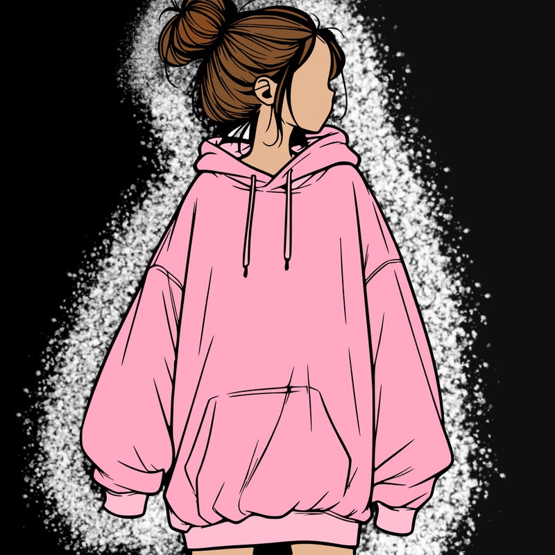 realistic girl with a oversized sweatshirt on and a bun