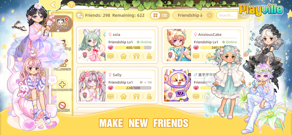 PlayVille app interface showing the make new friends screen with pixel art avatars