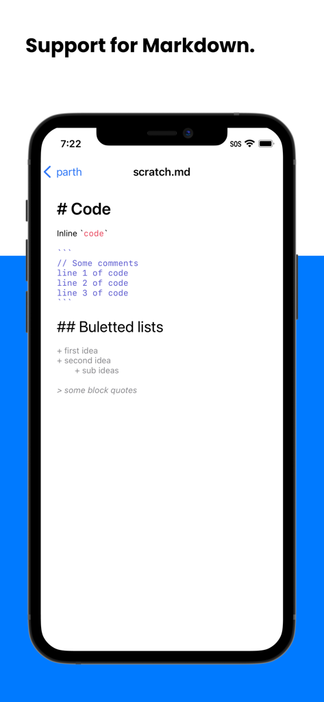 Lockbook - Lockbook-App-Bildschirm, der Markdown-Unterstützung mit Code-Snippets und Aufzählungslisten zeigt