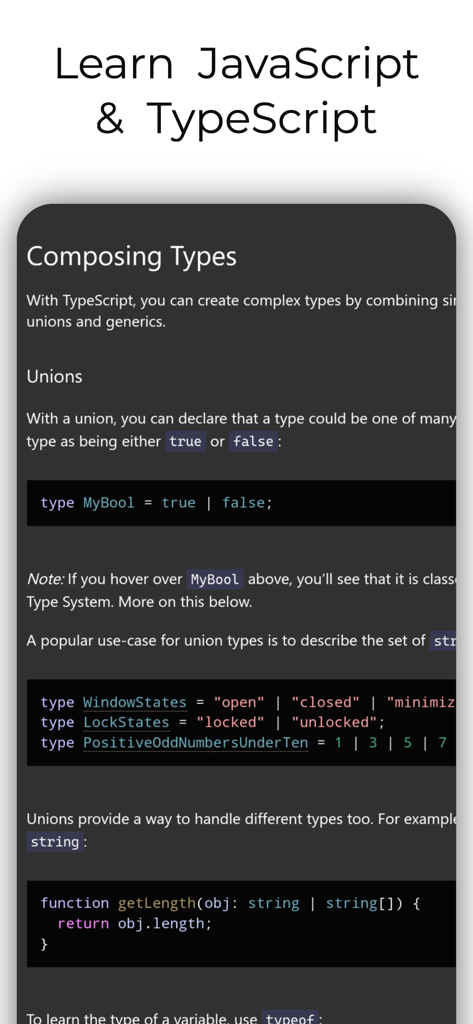 JavaScript Coding Editor & IDE - Capture d'écran d'une page de tutoriel TypeScript expliquant la composition des types et des unions dans l'application d'éditeur de code