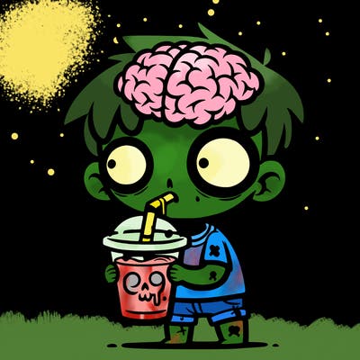 a cute zombie boy drinking a brain smoothy