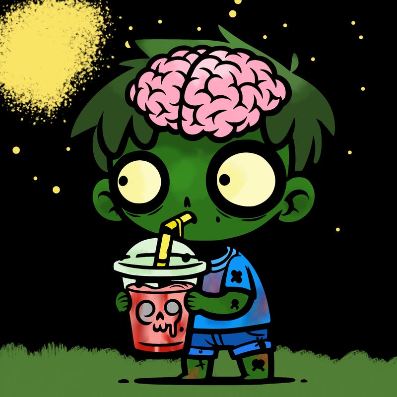 a cute zombie boy drinking a brain smoothy