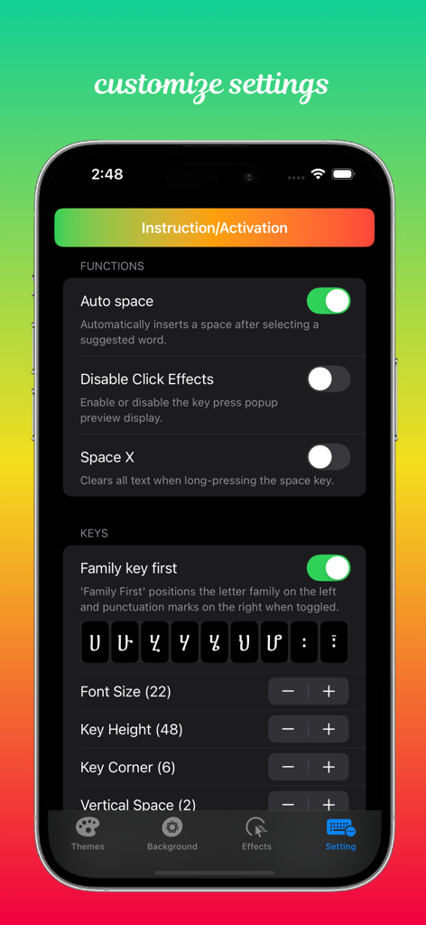 Type Geez Keyboard app settings screen showing customization options for Amharic and Ge ez script typing