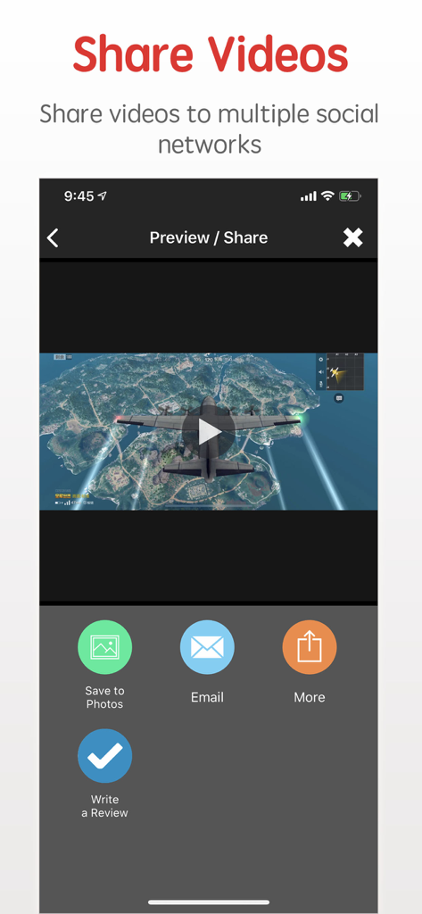 Screen Recorder RecordXアプリで、録画されたゲームプレイビデオを共有し、写真に保存するためのインターフェイス。