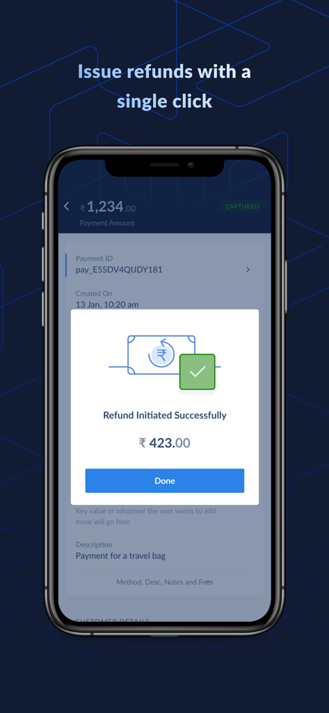 Razorpay - Accept Payments Now - Mobile interface of Razorpay app showing a successful refund confirmation