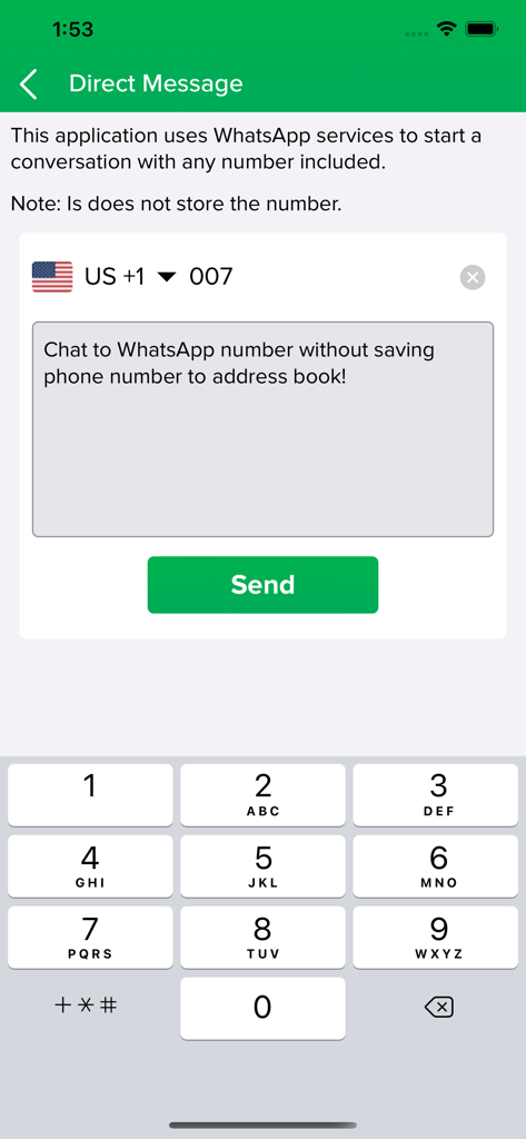 Complement For WhatsApp Chats - Interface of the direct message feature to chat on WhatsApp without saving a phone number