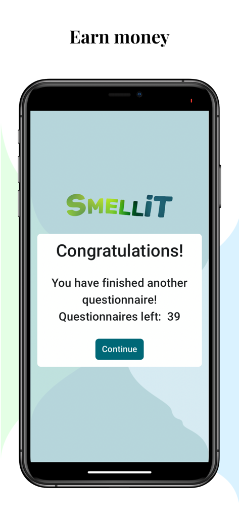 SMELLiT - SMELLiT 앱 인터페이스는 설문조사를 마친 후 축하 메시지를 보여주고 남은 설문조사 수를 표시합니다.