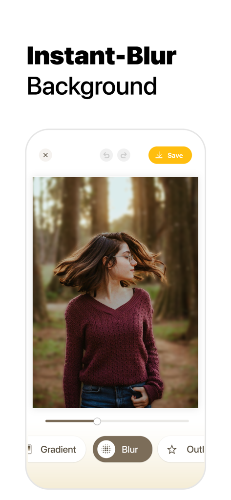 Background Remover: BG Eraser - Mobile app interface showing the instant blur background feature on a portrait photo