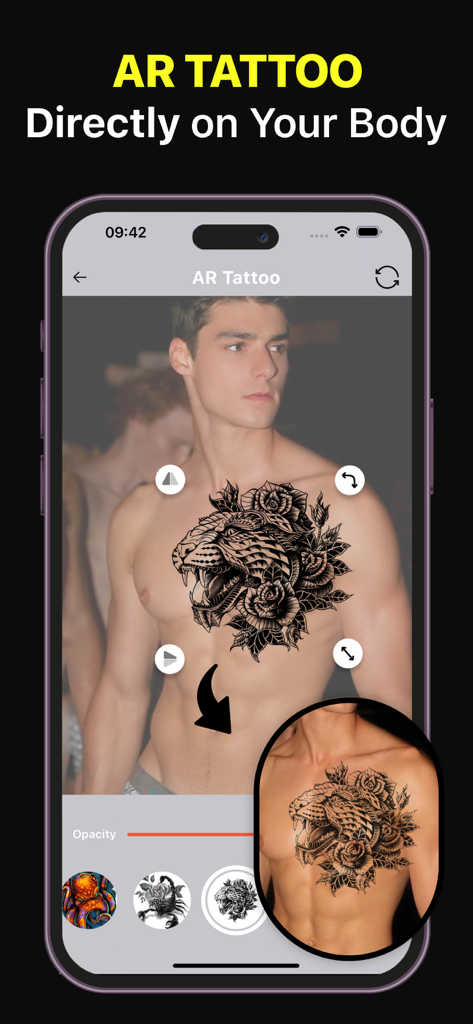Ai Tattoo Generator Ink Tattoo - Vista previa de realidad aumentada de un diseño de tatuaje en un pecho usando una aplicación móvil