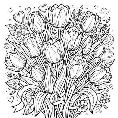 Discover a stunning Mother's Day coloring page featuring a vibrant bouquet of yellow tulips, symbolizing joy and happiness. This intricate design offers a wonderful way to relax and create a heartfelt gift for Mom.