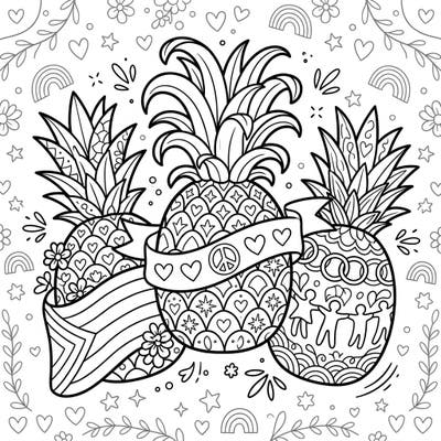 Embrace the spirit of Pride Month with this vibrant pineapple coloring page. It features three beautifully detailed pineapples adorned with symbols of love, diversity, and community.