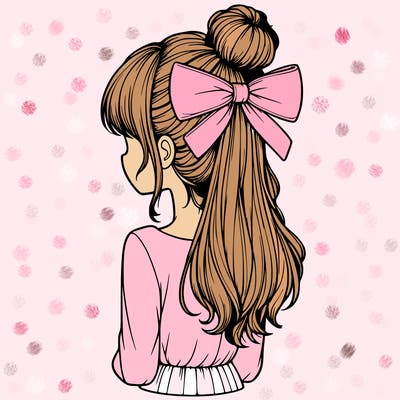 realistic girl  with hip length hair a bun and a big bow on the back of head