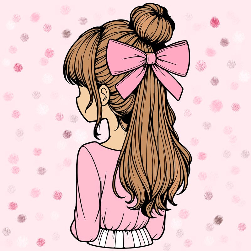 realistic girl  with hip length hair a bun and a big bow on the back of head
