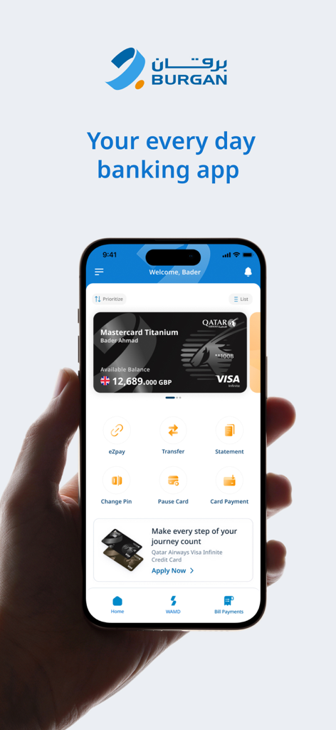 Burgan Bank mobile app dashboard displaying a credit card balance and banking features like transfers and bill payments on a smartphone