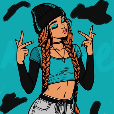 realistic teenage girl with braids and a beanie and crop top doing 🫶🏼