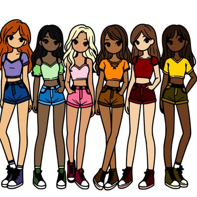 a group of girls wearing crop tops and shorts
