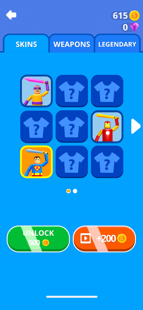 Ragdoll Ninja: Imposter Hero - Menu de seleção de skins no jogo para Ragdoll Ninja mostrando vários trajes de personagens heróis e opções de desbloqueio