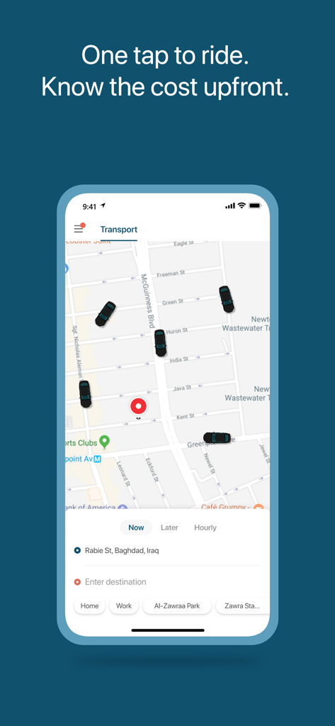 Obr - Obr app interface showing a map of Baghdad with nearby cars and a ride booking menu