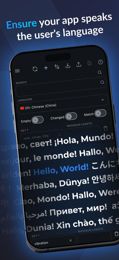 Interfaz de la aplicación móvil ASO.dev que muestra la gestión de localización y la traducción de metadatos para varios idiomas.