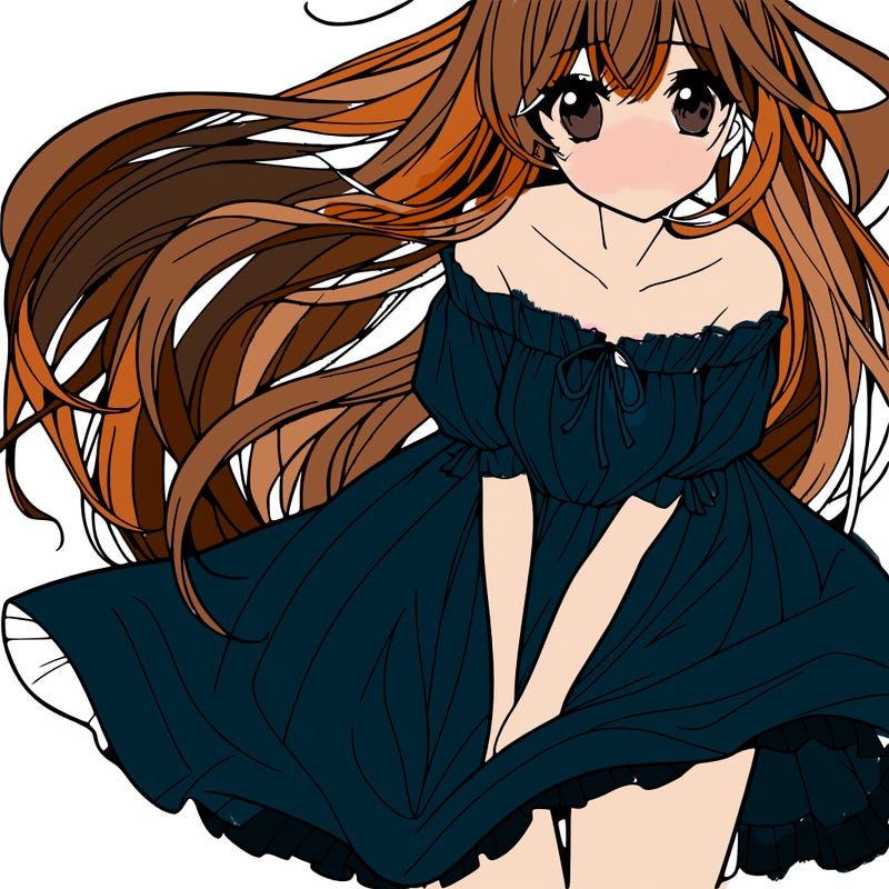 manga girl with long flowing hair and a dress that is pushed down