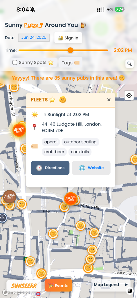 SunSeekr mobile app interface showing a real-time sunlight map for finding sunny outdoor seating at pubs and cafes.
