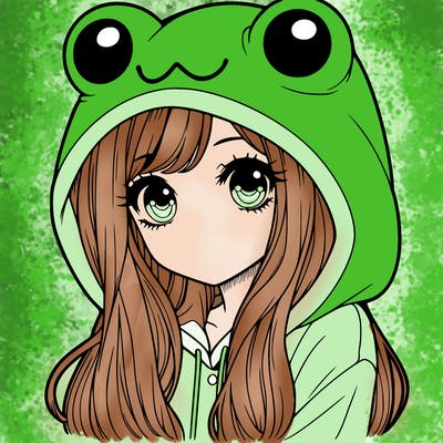 a pretty girl wearing a frog hoodie portrait with long hair
