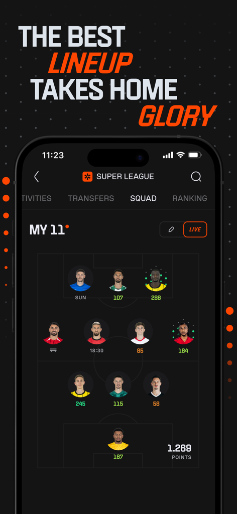 Kickbase - Fantasy Manager - Kickbase app interface displaying a fantasy soccer team lineup with real player photos and live match day points