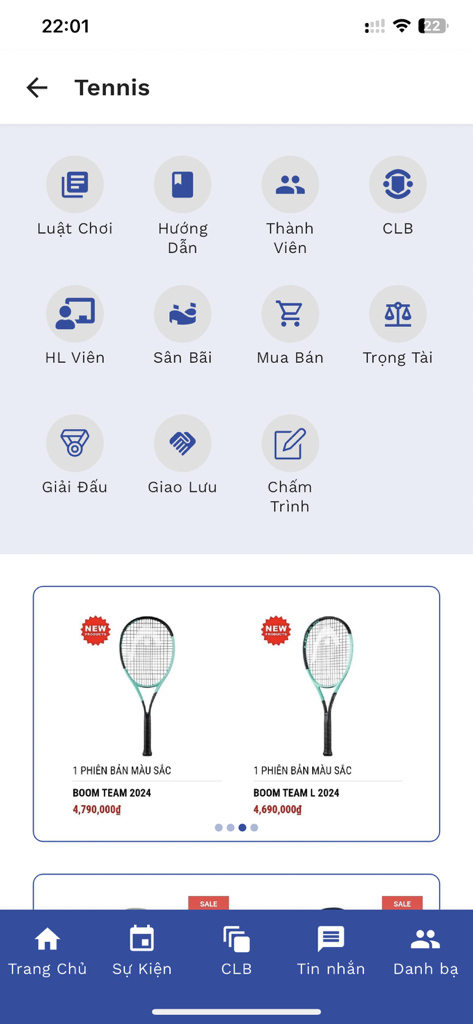 Sport Connect - Seção de tênis do aplicativo Sport Connect mostrando ícones de recursos e um marketplace de raquetes de tênis.