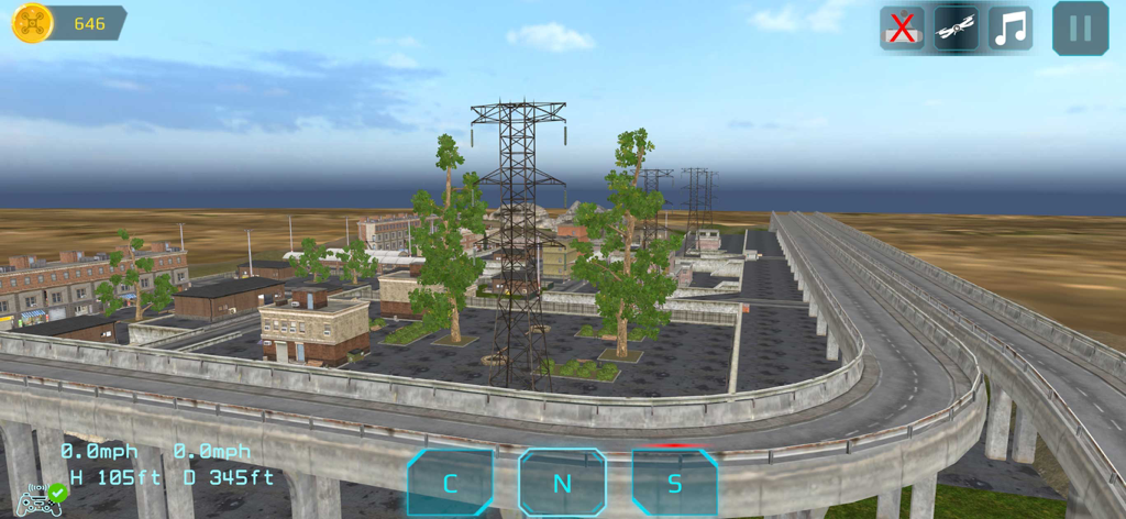 SimuDrone - Drone Simulator - SimuDrone app screenshot showing drone flight practice in an urban setting