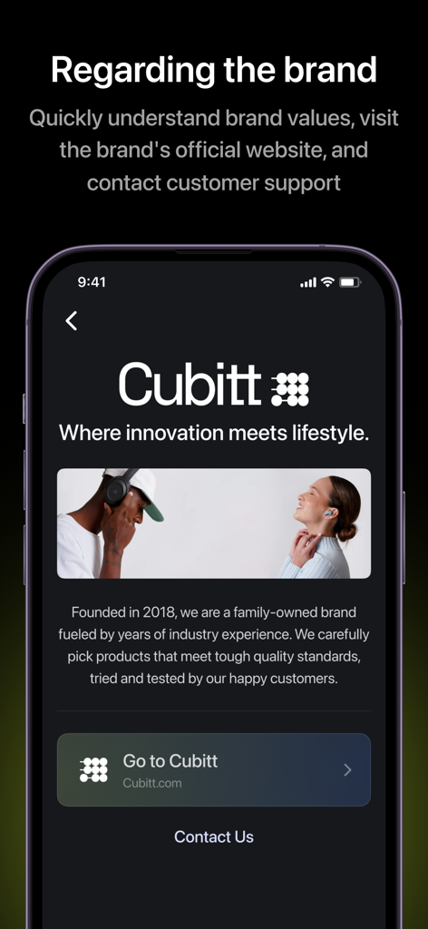 Cubitt Pro - Pantalla de información de la marca de la aplicación Cubitt Pro mostrando historial de marca, valores e información de contacto del sitio web oficial