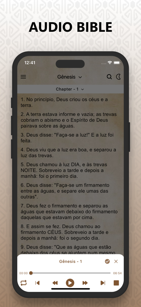 Bíblia Sagrada Ave Maria Pro - Interface da Bíblia em áudio do aplicativo Biblia Sagrada Ave Maria Pro com texto das escrituras em português e controles de reprodução