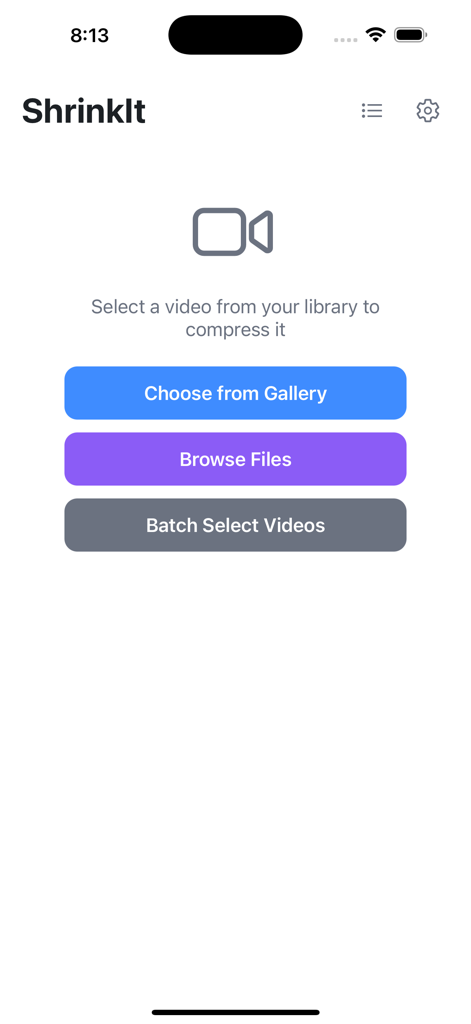 ShrinkIt app home screen featuring buttons to choose from gallery browse files and batch select videos for compression