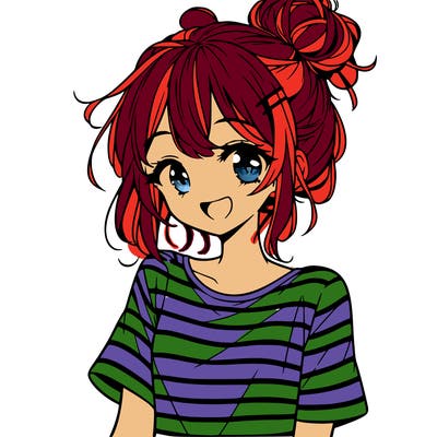anime girl teenager striped shirt and smile and messy bun