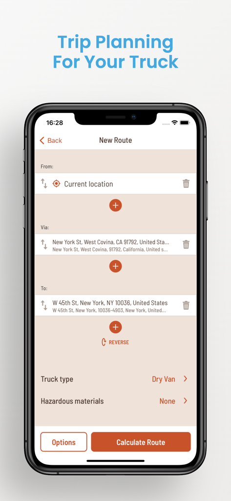 Hammer: Truck GPS & Maps - Hammer Truck GPS app interface showing the trip planning screen with route options for a commercial truck.