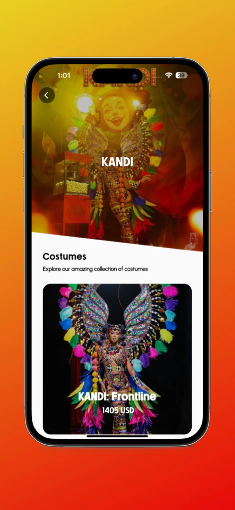 Carnivalist - Carnivalist app screen displaying a colorful Kandi Frontline costume with its price