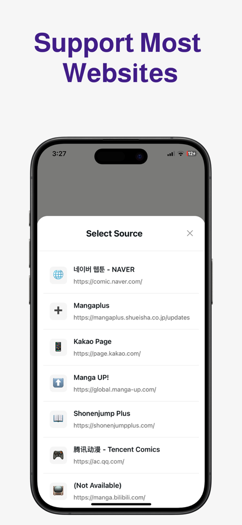 Manga Translator AI: Mangu - List of supported manga and webtoon websites in the Mangu translator app