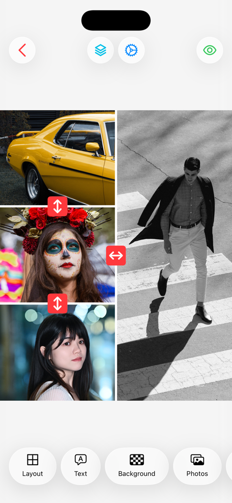 Sehory - Photo Collage Layout - Una interfaz móvil de la aplicación de collage de fotos Sehory que muestra una cuadrícula de cuatro fotos con herramientas de edición como diseño y fondo.