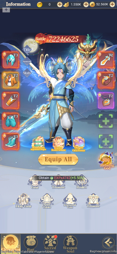 Beast's Creed - Character equipment and stats screen in Beasts Creed Idle RPG showing a winged hero with epic gear