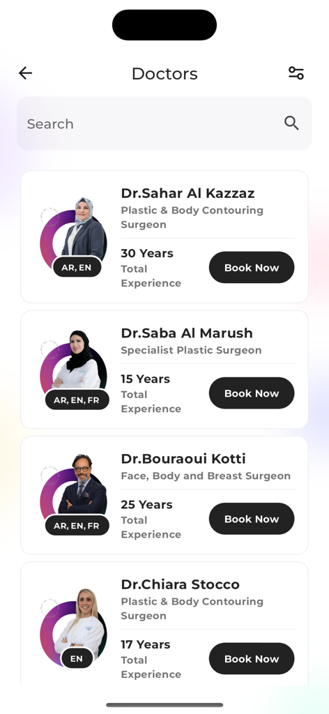 Novomed Centers - Novomed Centers app interface displaying a list of specialized surgeons with experience and booking buttons