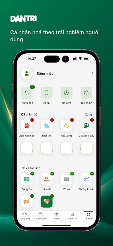 Personalized user interface of the Dan Tri news app featuring customizable utility icons