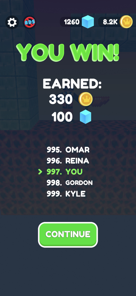 Ninja Sword: Ragdoll swordsman - Pantalla de victoria de Ninja Sword mostrando monedas de oro ganadas, bloques azules y el rango del jugador