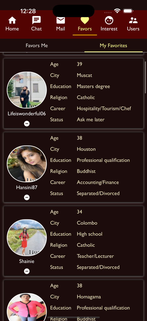 Marriage Proposals Sri Lanka - A list of saved user profiles in the Marriage Proposals Sri Lanka app showing details like age city religion and education
