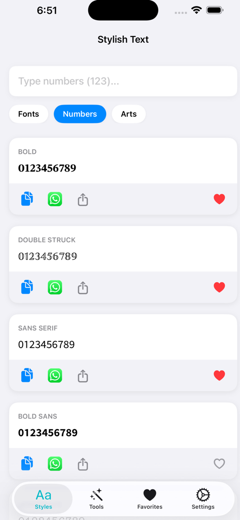 Stylish Text: Fonts & Art - Interface do aplicativo Texto Estiloso exibindo vários estilos decorativos de fonte numérica incluindo negrito e traço duplo