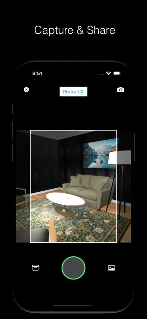 Room Genie 6D Design Simulator - Screenshot of Room Genie app showing a 3D living room design in capture mode