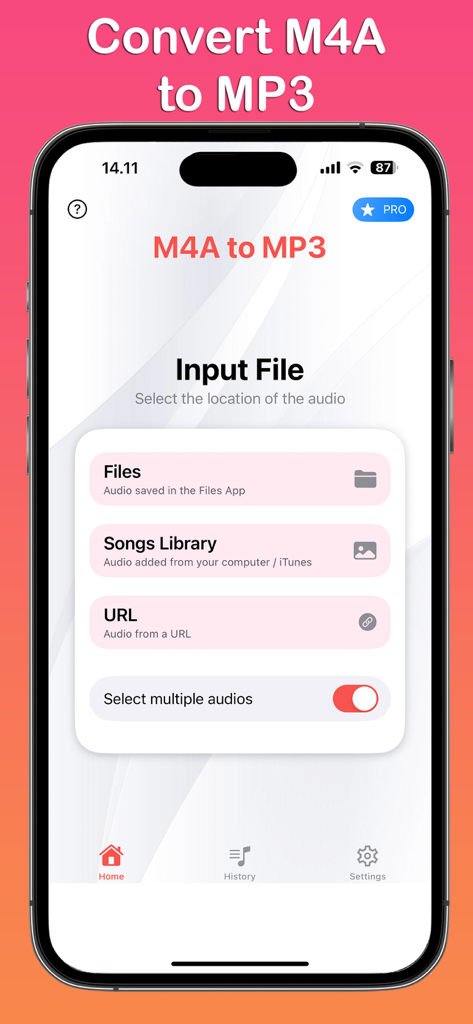 M4A to MP3 Converter ™ - Bildschirm der M4A zu MP3 Konverter App mit Auswahl der Audioquelldatei
